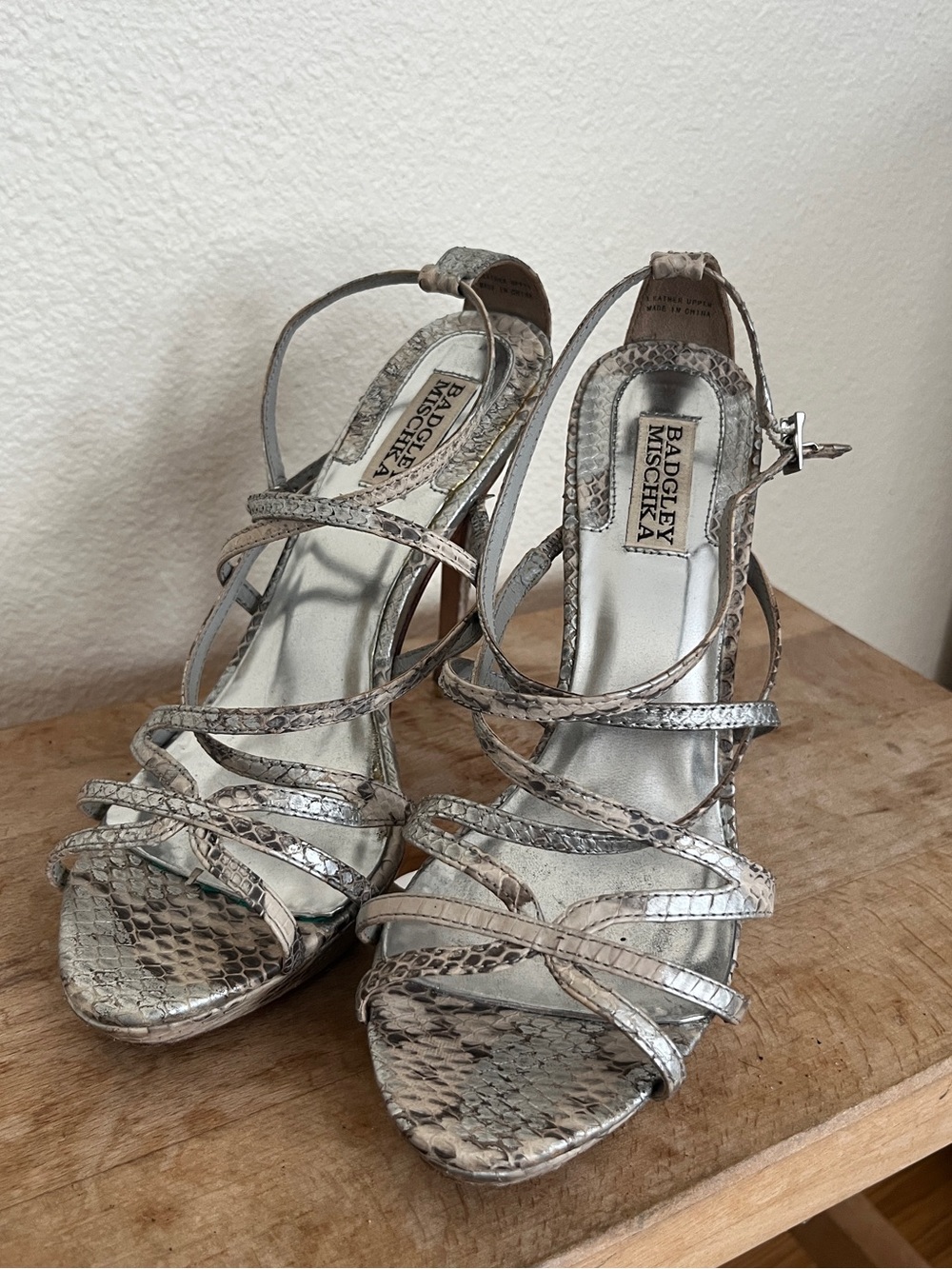Badgley Mischka Silver Snakeskin Strappy High Heel Sandals